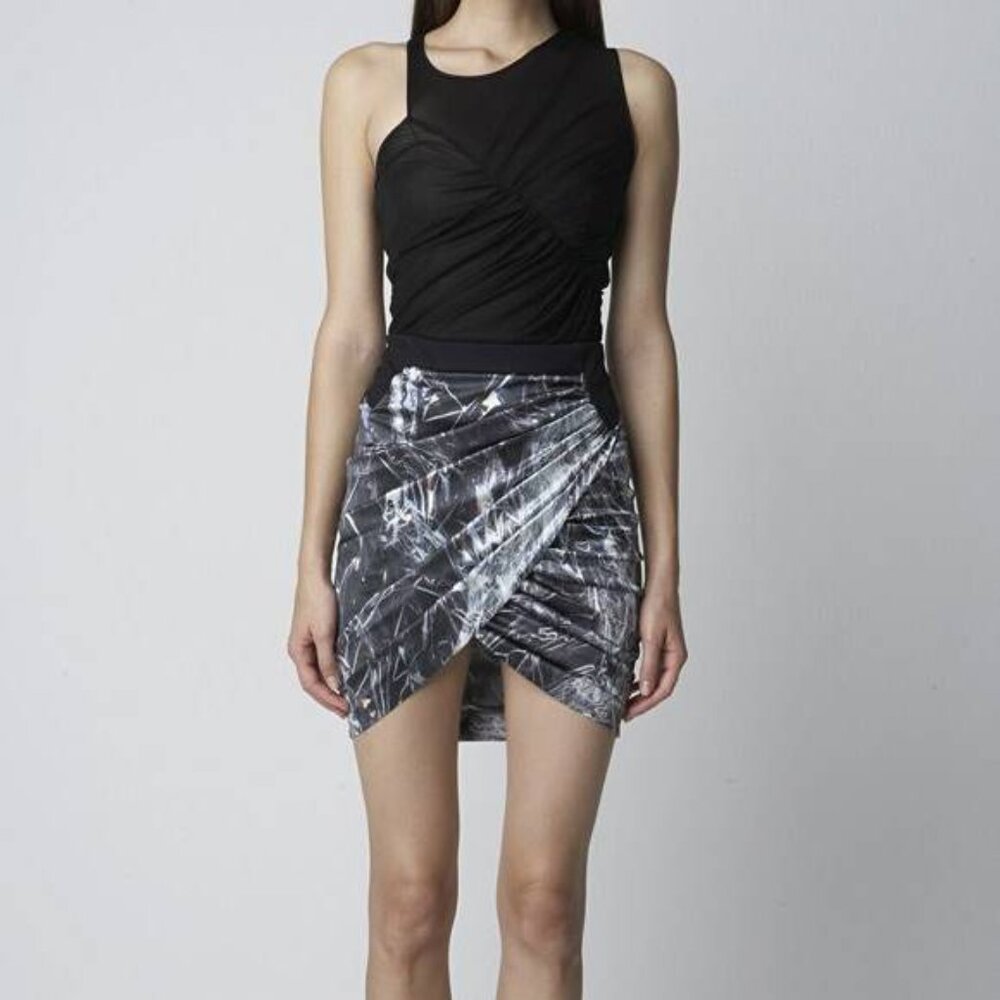 Helmut Lang "Washed Black" Cellophane-Print Stretch-Silk Knee-Length Skirt